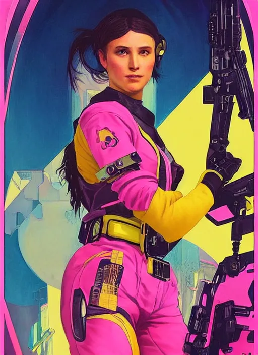 Image similar to beautiful cyberpunk female athlete wearing pink jumpsuit and firing a futuristic yellow belt fed automatic pistol. ad poster for pistol. cyberpunk poster by james gurney, azamat khairov, and alphonso mucha. artstationhq. gorgeous face. painting with vivid color, cell shading. ( rb 6 s, cyberpunk 2 0 7 7 )