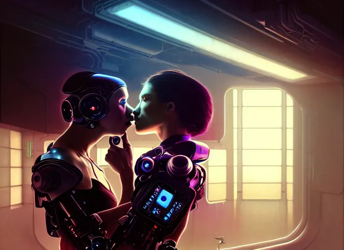 Image similar to ultra realistic medium shot of a couple of cyborgs kissing, lovers, cyberpunk, sci - fi, fantasy, kodak, colour led, soft light, volumetric lighting, fog, rays, night, intricate, highly detailed, digital painting, concept art, smooth, sharp focus, illustration, art by artgerm and greg rutkowski and alphonse mucha