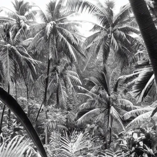 Image similar to a rizom lost film footage of a - - - - 3 d shape - - - - - in the middle of the tropical jungle / tropicalism / tropicalism / tropicalism / film still / cinematic / enhanced / 1 9 2 0 s / black and white / grain