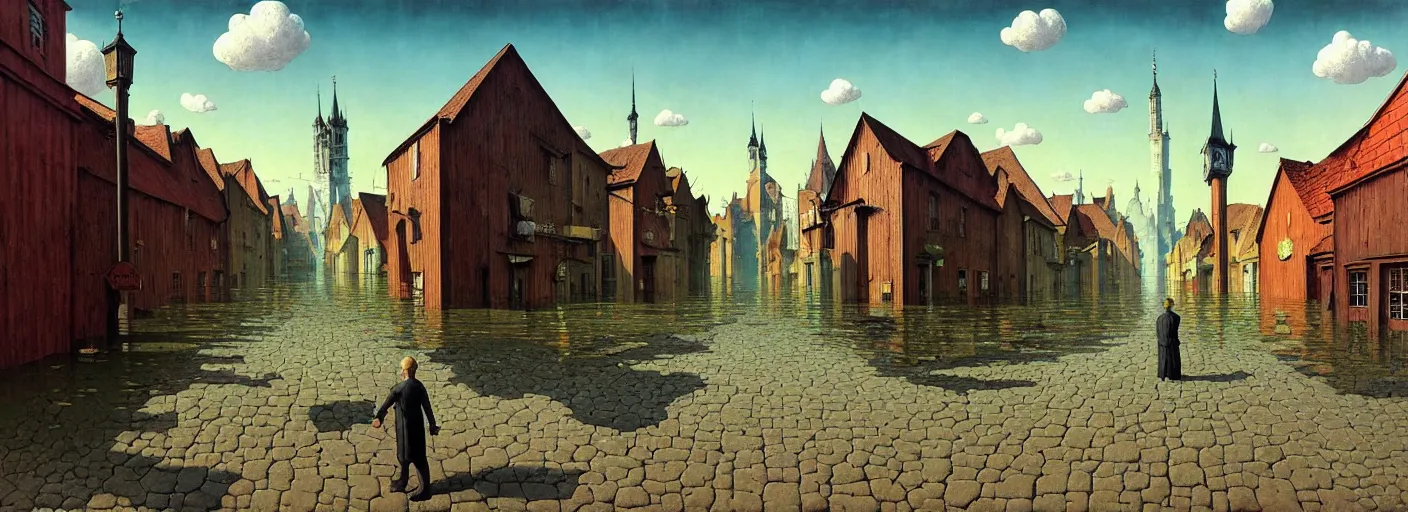 Image similar to flooded! old wooden empty cursed city street, very coherent and colorful high contrast masterpiece by gediminas pranckevicius rene magritte norman rockwell franz sedlacek, full - length view, dark shadows, sunny day, hard lighting, reference sheet white background