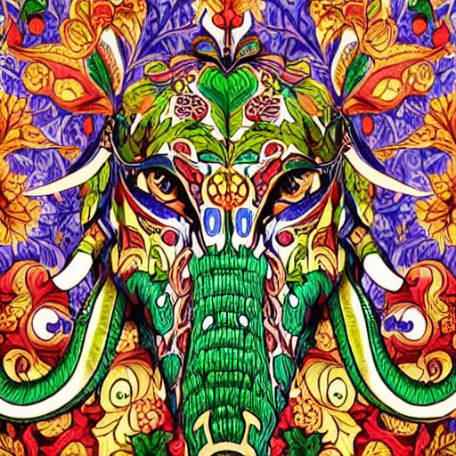 Image similar to colourful ornate decorative green man as an elephant face by louis wain and william morris, closeup, twisting leaves, 8 k, artstation