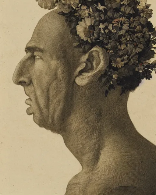 Image similar to a man's face in profile, clean shaven, made of flowers and fruit, in the style of the Dutch masters, dark and moody