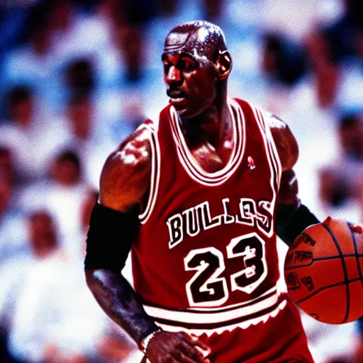Prompt: film still of Micheal Jordan playing against Lebron James on a basketball court, 8k