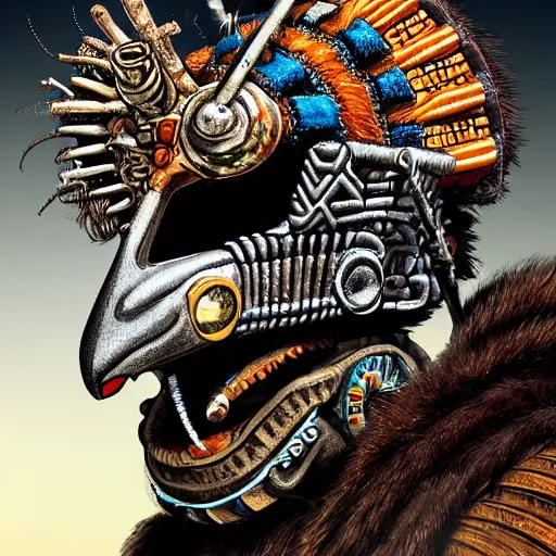 Image similar to a expressive portrait of masked diesel punk quetzalcoatl on the art of mayan ancient culture artstation award - winning realistic sci - f