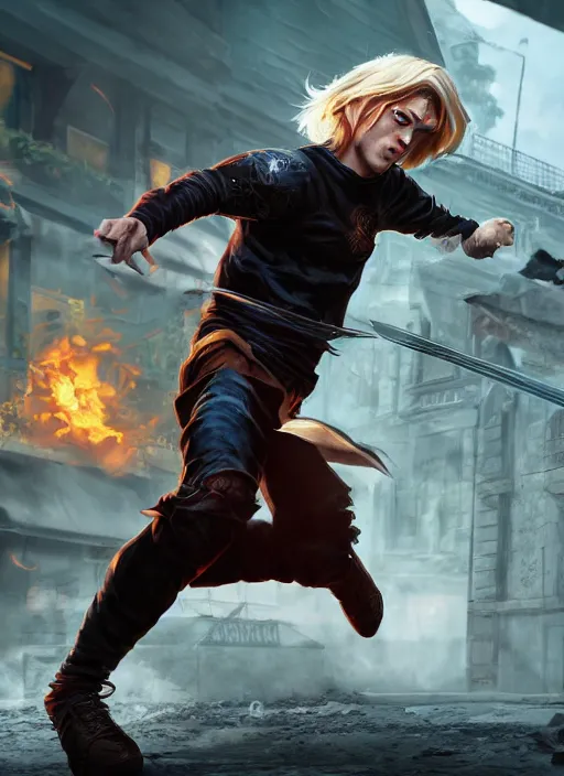 Prompt: An epic fantasy comic book style portrait painting of a young blonde boy thief running from a woman in a brothel, unreal 5, DAZ, hyperrealistic, octane render, cosplay, RPG portrait, dynamic lighting