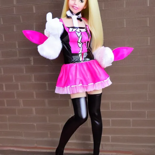 Image similar to anime barbie doll, leather bunny costume bodysuit, playboy, rabbit ears, plaid tights, full length, raspberry banana color, lace