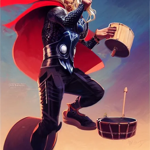 Image similar to thor playing the bongos, comic style by guweiz and stanley artgerm, extremely high quality artwork, very detailed, trending on artstation