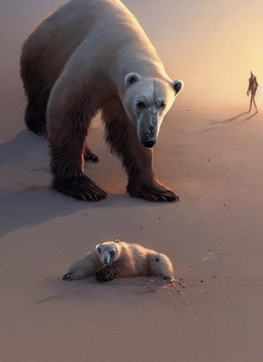 Image similar to polar bear dying on a desert, by greg rutkowski, trending on artstation, masterpiece