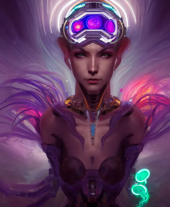 Image similar to whirlwind souls rushing inside metaverse, half body, glowin eyes, tiara, pharaoh, android, cyborg, cyberpunk face, by loish, d & d, fantasy, intricate, elegant, highly detailed, colorful, vivid color, digital painting, artstation, concept art, art by artgerm and greg rutkowski and alphonse mucha and ruan jia