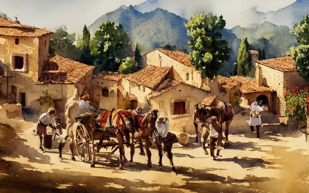 Image similar to beautiful watercolor painting by joseph zbukvic and alvaro castagnet, depicting a wine harvesting on a sunny day in a little italian village