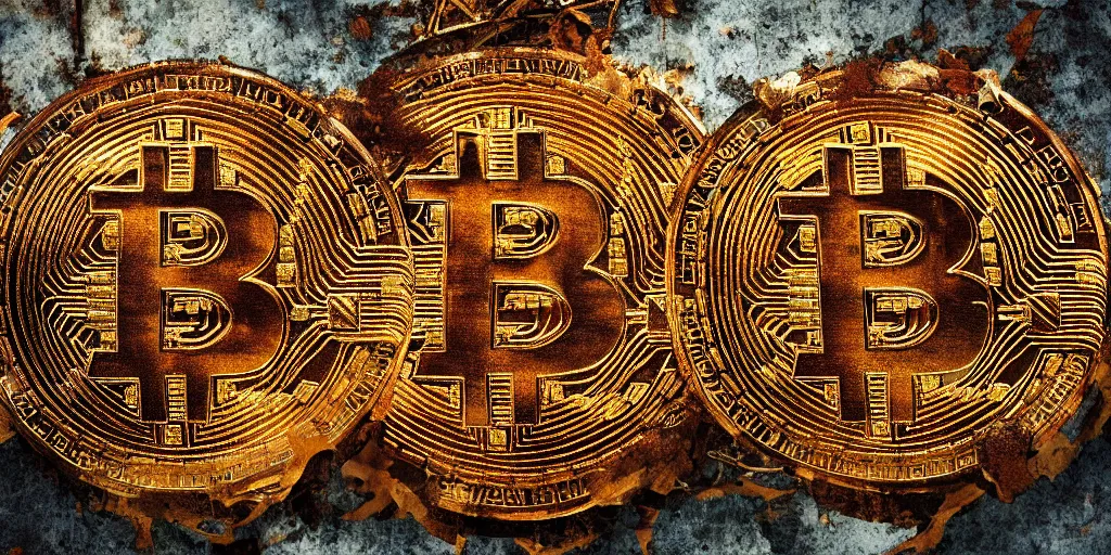 Prompt: giant rusted bitcoin, hated by everyone without exception, dystopian survival post - apocalyptic, angry mob