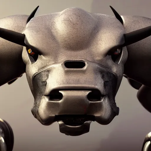 Image similar to a cyborg ( bull ) modeled after a bull looking into the camera, android, cyborg, full body shot, intricate, 3 d, hyper realism, fantasy, depth of field, octane render, symmetrical, highly detailed, digital art, artstation, concept art, cinematic lighting, trending