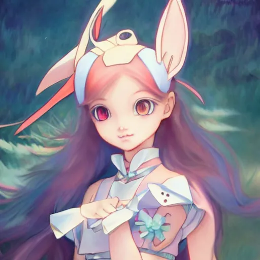 Image similar to Sylveon pokemon Gajinka as a small human girl , highly detailed, digital pencil painting, anime, cartoonish, hybrid human / anthro, monster girl, sharp focus, illustration, art by artgerm and greg rutkowski and alphonse mucha