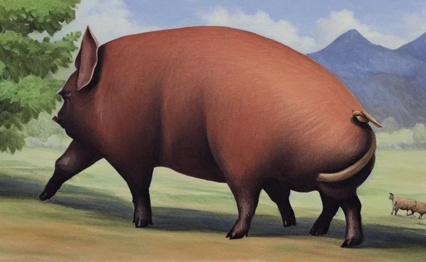 Image similar to painting of a huge pig walking over a village