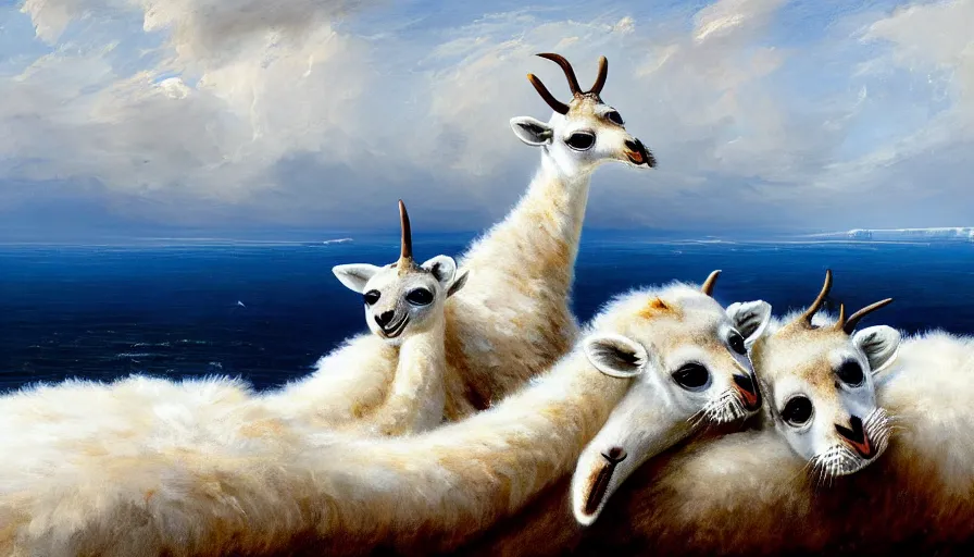 Image similar to highly detailed painting of cute furry white baby seal giraffes with big furry antlers cuddling into each other on a blue and white iceberg by william turner, by greg rutkowski, by william constable, thick brush strokes and visible paint layers, 4 k resolution