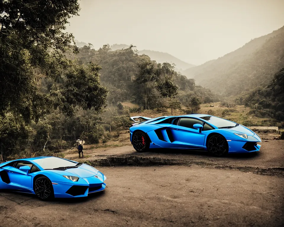 Image similar to lamborghini aventador photoshoot, cinematic, rishikesh background, uttarakhand, photography by alexey kurylev, beautiful, india, heavily detailed