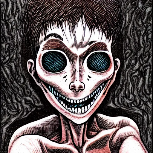 Image similar to a dark brown humanoid, hyper detailed, in the style of junji ito and and junji ito and junji ito, selfie