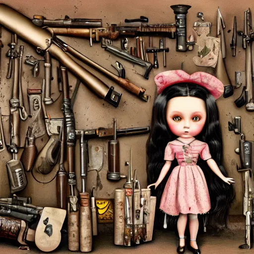 Image similar to doll next to weapons, hand grenades, rpg, by mark ryden, breathtaking, 8 k resolution, extremely detailed, beautiful