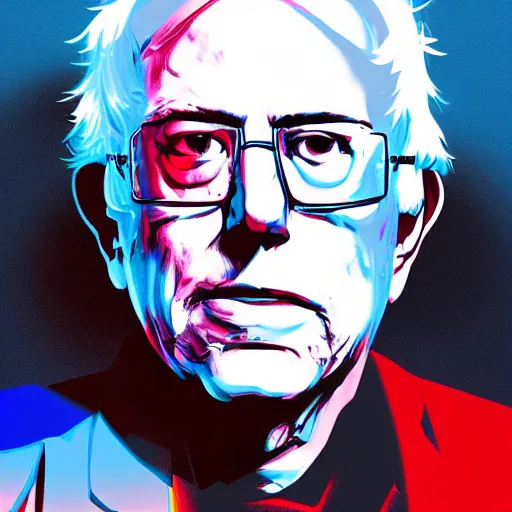 Image similar to cyberpunk bernie sanders as the leader of a futuristic communist nation, cybernetics, sharp lines, digital, artstation, colored in