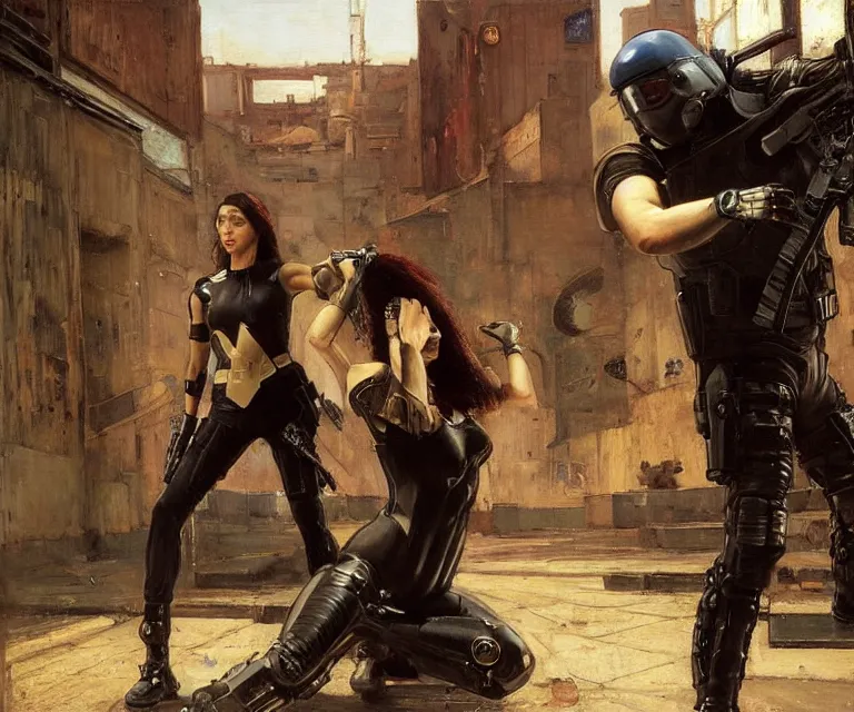 Image similar to Maria evades sgt rhodes. Cyberpunk hacker escaping Menacing Cyberpunk police trooper wearing a combat vest. (dystopian, police state, Cyberpunk 2077, bladerunner 2049). Iranian orientalist portrait by john william waterhouse and Edwin Longsden Long and Theodore Ralli and Nasreddine Dinet, oil on canvas. Cinematic, vivid colors, hyper realism, realistic proportions, dramatic lighting, high detail 4k