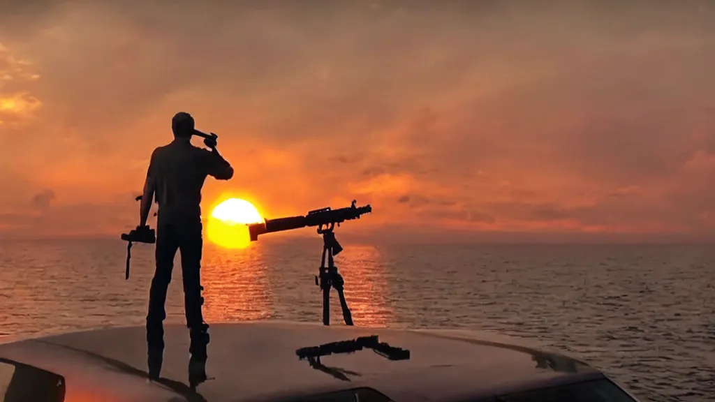 Image similar to a movie still of a man holding a rocket launcher, standing on the roof of a car driving through the ocean at sunset, golden hour, watching a mushroom cloud on the horizon