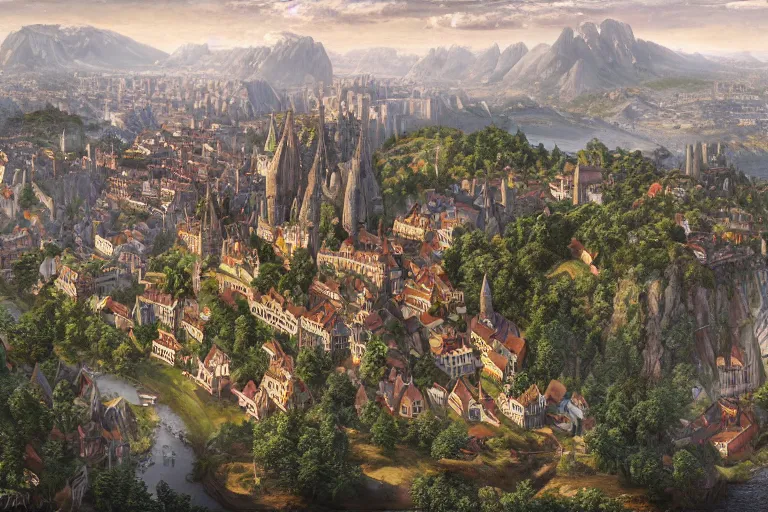Image similar to an ultra detailed matte landscape painting of an german renaissance capital city built into the side of a mountain with many tall spirally towers, sweeping vista, tiny coastal fishing village very far away, ultrawide lens, aerial photography, 8 k, volumetric lighting, smooth, highly detailed, digital illustration, art by greg rutkowski and akira toriyama and artgerm