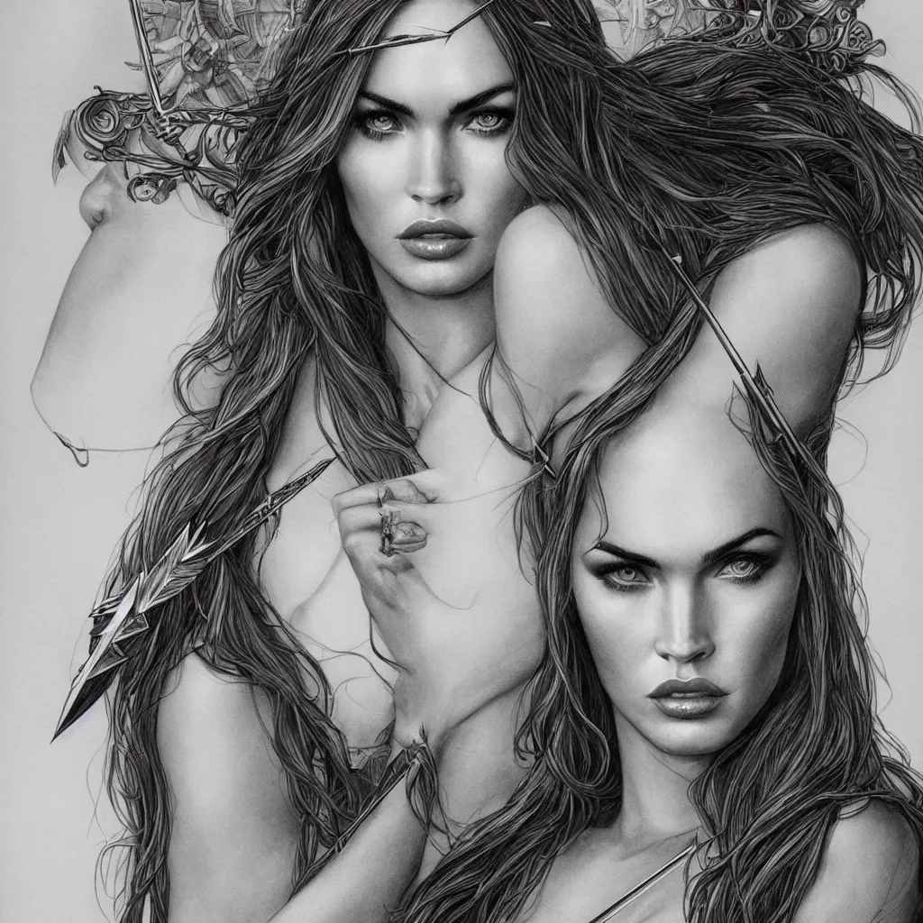 Image similar to portrait of beautiful megan fox as greek goddess aphrodite, archer, arrow on the head, beautiful piercing eyes, flowing blonde hair, realistic face, black and white drawing, in the style of greg rutkowski, fantasy, amazing detail, epic, intricate, elegant, smooth, sharp focus