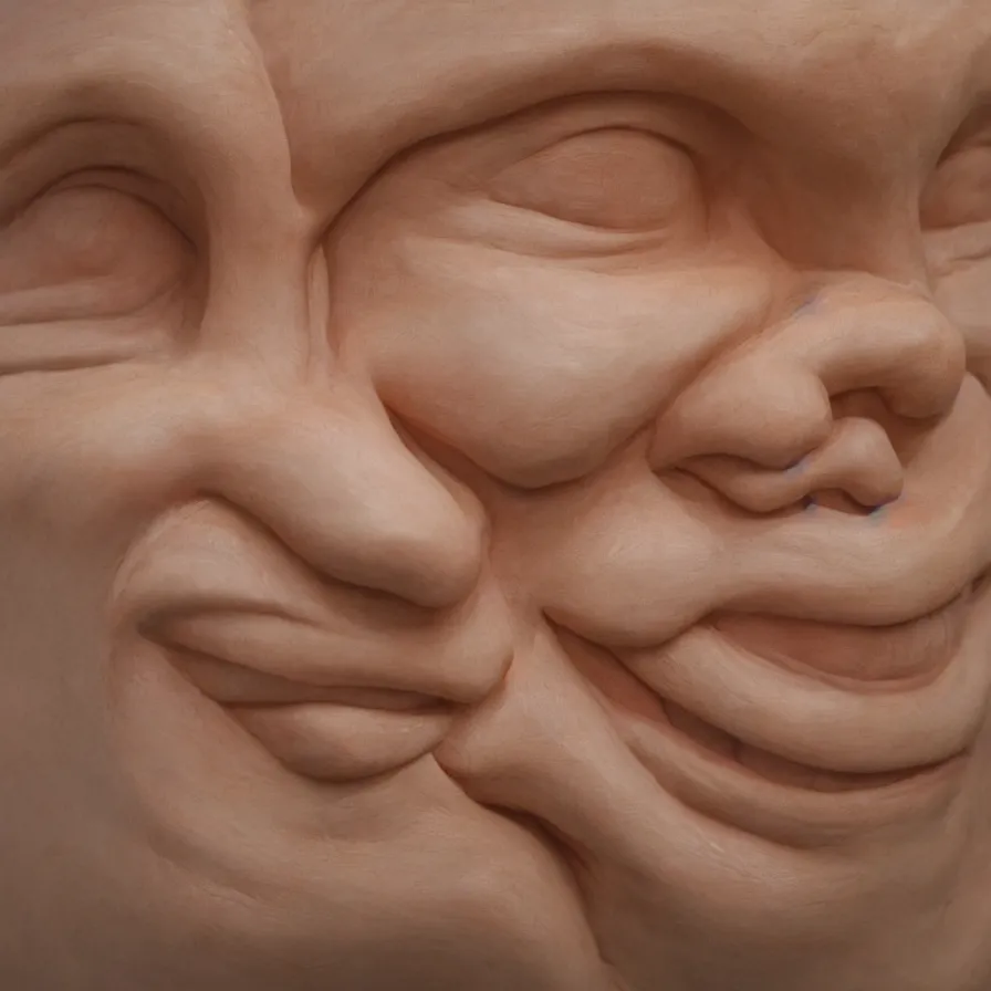 Image similar to hyperrealistic sculpture of a human face smiling carved out of laminated plywood on a pedestal by duane hanson and donald judd, hyperrealistic dramatic colored lighting trending on artstation 8 k