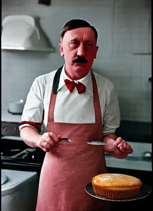 Image similar to a 35mm photograph of Hitler in an apron, dressed as a housewife, baking a cake, in the 1950's, bokeh, Canon 50mm, cinematic lighting, photography, retro, film, Kodachrome