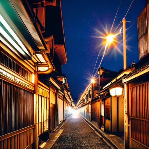 Image similar to photograph of kyoto street at night, bright street lamps, lens flare