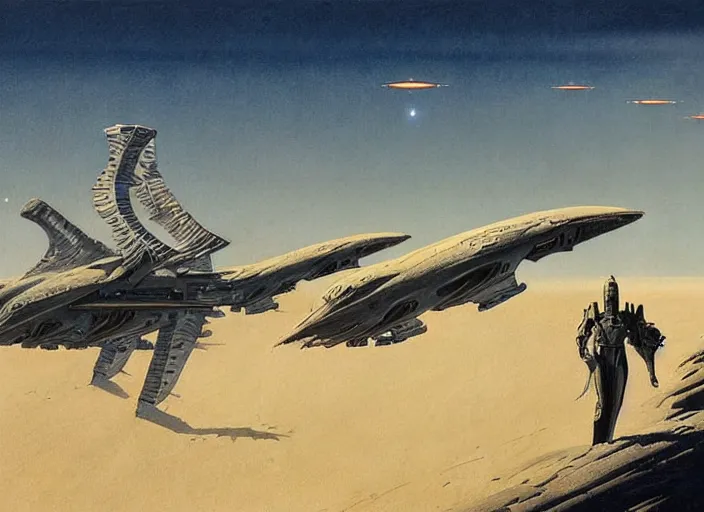 Image similar to ( ( ( ( ( dune 2 0 2 1 matte painting, sci - fi illustration, sci - fi environment, planets, desert scene, painting ) ) ) ) ) by vincent di fate and john berkey and ralph mcquarrie!!!!!!!