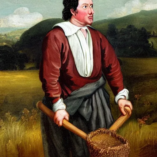 Image similar to david cameron as a 1 7 th century peasant toiling in the fields, painting, restored, 1 7 th century art