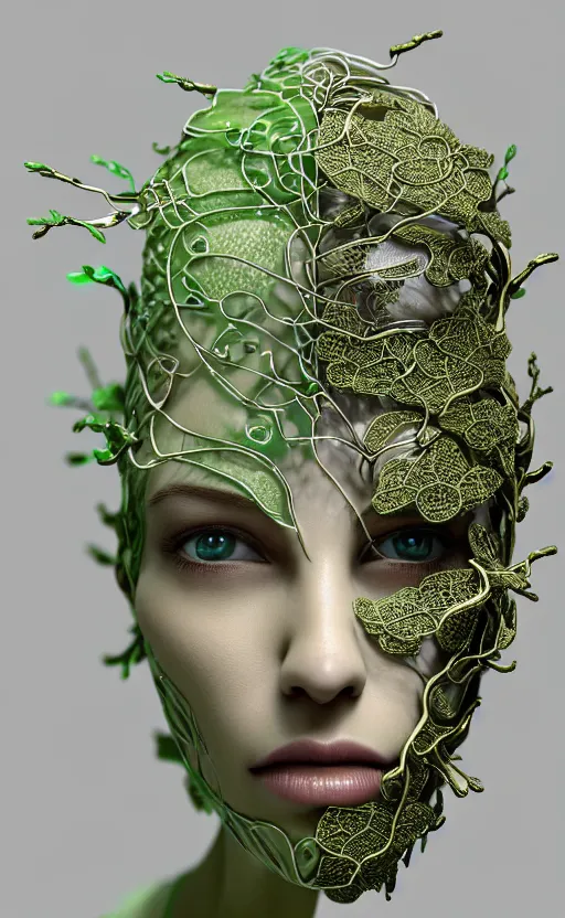 Prompt: complex 3d render ultra detailed of a beautiful porcelain profile woman face, vegetal dragon cyborg, 150 mm, beautiful natural soft light, rim light, silver gold details, magnolia lime green leaves and stems, roots, fine lace, maze like, mandelbot fractal, anatomical, facial muscles, cable wires, microchip, elegant, white metallic armour, octane render, black and white, H.R. Giger style