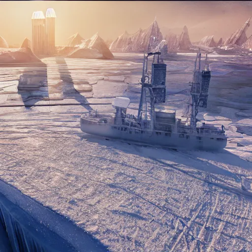 Prompt: frozen ship in the frozen city, wide camera, whole scene, postapokalyptic, day after tomorrow, realistic, octane, dramatic lighting