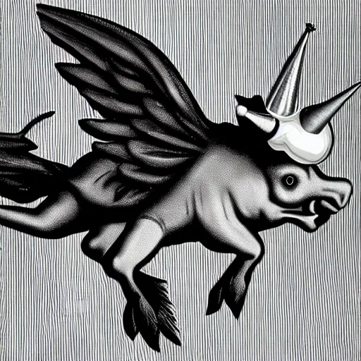 Image similar to winged flying pig with unicorn horn, richard corben style, black and white, 8k