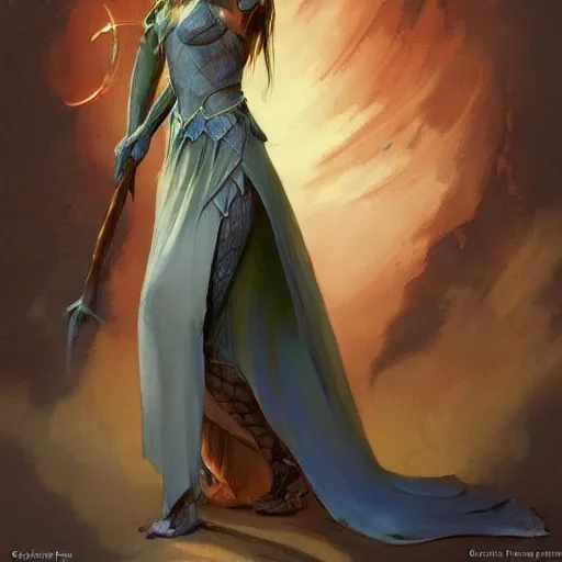 Image similar to elven princess character portrait by frank frazetta - wearing a dress, holding a staff, casting a spell, fantasy, dungeons & dragons, sharp focus, beautiful, artstation contest winner, detailed