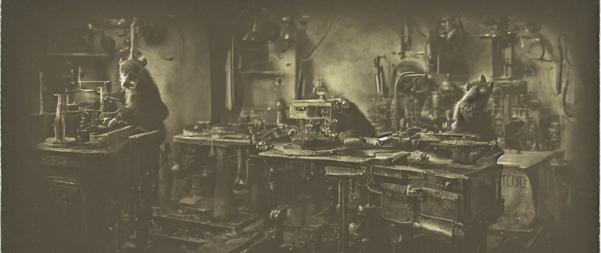 Image similar to detailed daguerreotype of a honey badger as watchmaker in workshop, steampunk laboratory, vintage style, wet collodion, steampunk, sepia, monochrome black and white, artistic photo from late xix century, high resolution, dark atmosphere