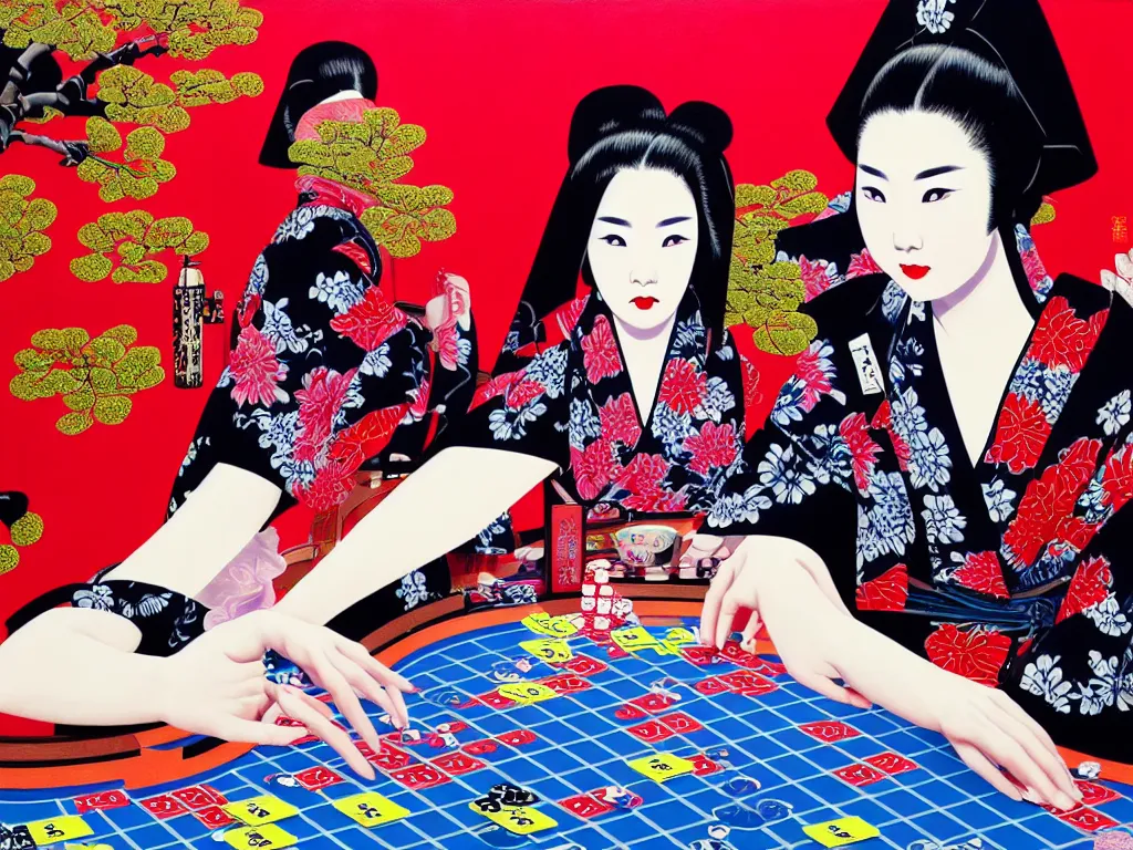 Image similar to hyperrealistic composition of the detailed woman in a japanese kimono sitting at a extremely detailed poker table with detailed darth vader, fireworks, mount fuji on the background, pop - art style, jacky tsai style, andy warhol style, acrylic on canvas