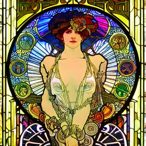 Prompt: burning man, goddess of travel, car, steering wheel, wheels, ticket, passport, intricate, stained glass by alphonse mucha