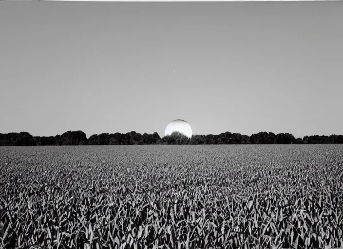 Image similar to Flying saucer landing in corn field with two moons in the sky, albumen silver print film grain photography 8mm by Timothy H. O'Sullivan