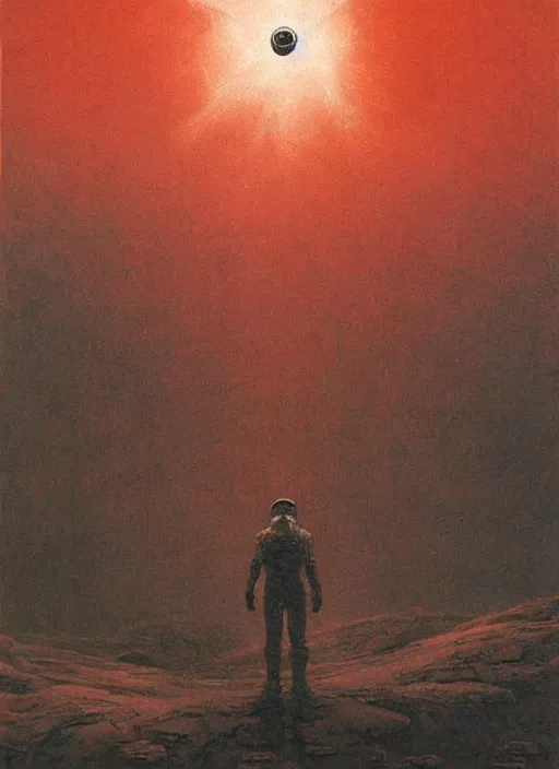 Image similar to A painting in a style of Beksinski featuring Elon Musk on mars. There is a group of rocket in the sky. Very detailed, symmetry