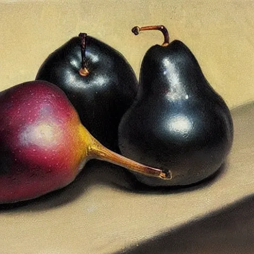 Prompt: table with very very black colored pears, #black pear fruit, ?black pears, !black pears, •black pears painted by rossdraws, greg rutkowski, thomas kindkade