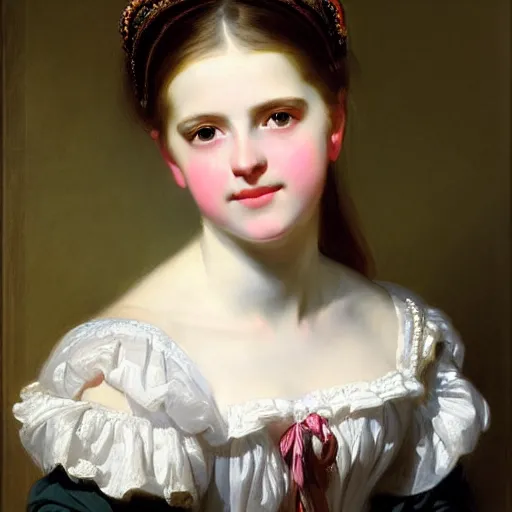 Image similar to portrait of a german teenage princess, circa 1 8 5 0 by franz xaver winterhalter, highly detailed, beautiful, oil on canvas, 1 8 5 0 s, romanticism