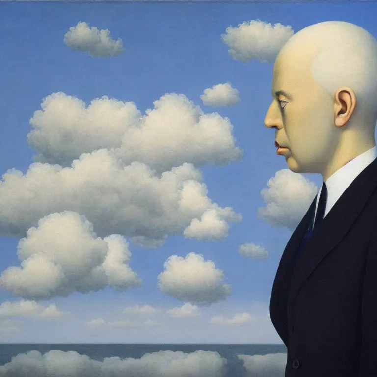 Image similar to portrait of a cloud man in a suit by rene magritte, detailed painting, hd, hq, high resolution, high detail, 4 k, 8 k