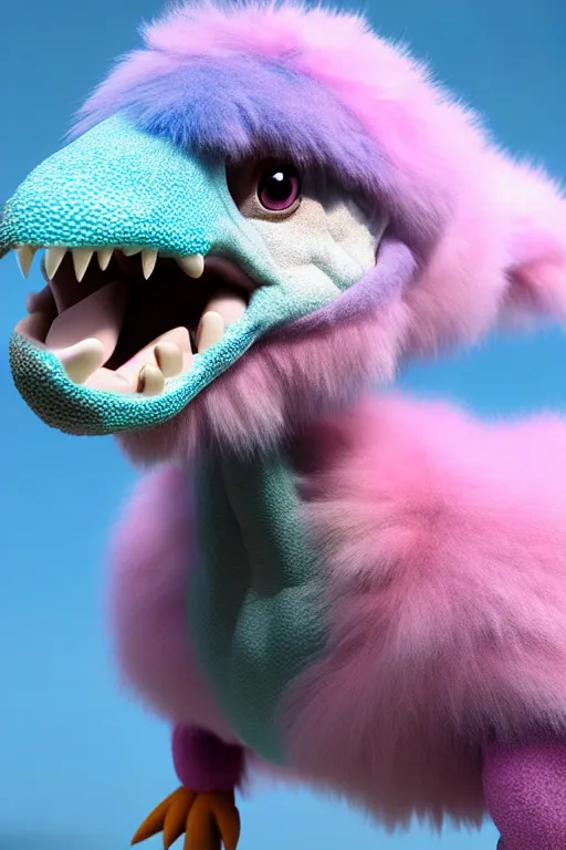 Image similar to high quality 3 d render hyperrealist very cute multipastel fluffy dinosaur with fluffy wings, vray, smooth in _ the background, artstation