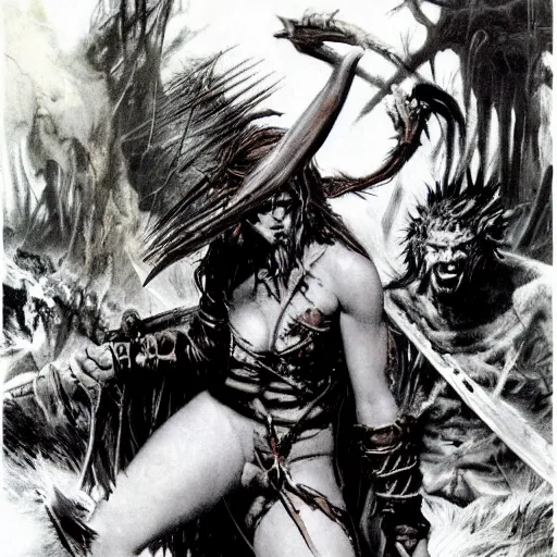 Image similar to Savage battlescarred warrior girl, cavewoman, wild spiky black electrified hair, pelt, torn clothing, savage cloak, scars of battle, bloody, electrical aura, scimitar, primeval fantasy, prehistoric fantasy, orcs, goblins attacking, 1980s pulp fantasy, art by Frank Frazetta and Boris Vallejo