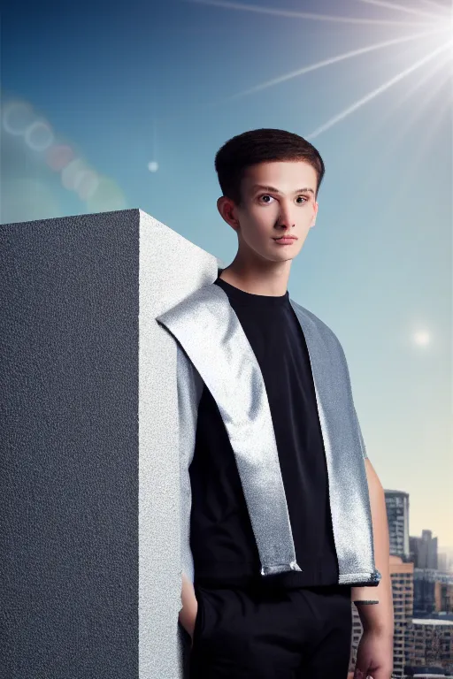 Image similar to un ultra high definition studio quality photographic art portrait of a young man standing on the rooftop of a british apartment building wearing soft padded silver pearlescent clothing. three point light. extremely detailed. golden ratio, ray tracing, volumetric light, shallow depth of field. set dressed.