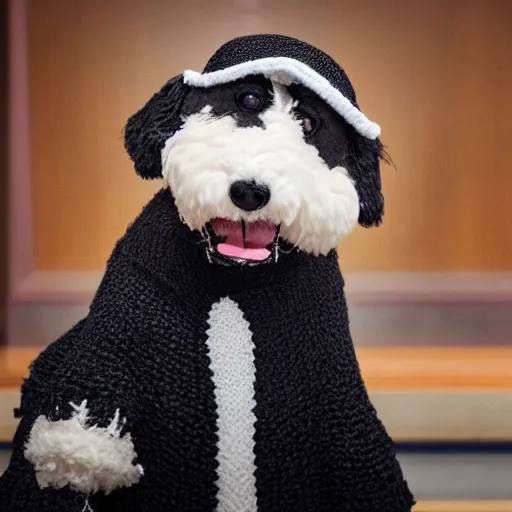 Image similar to a closeup photorealistic photograph of a cute smiling knitted bernedoodle judge dog dressed in a black gown, presiding over the courthouse. indoors, professional capture, well lit shot. this 4 k hd image is trending on artstation, featured on behance, well - rendered, extra crisp, features intricate detail, epic composition and the style of unreal engine.