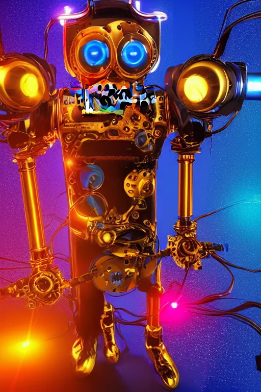 Prompt: portrait photo of a giant huge golden and blue metal humanoid steampunk robot singer wearing headphones and gears and tubes, a big red glowing microphone on a tripod, eyes are glowing red lightbulbs, shiny crisp finish, 3 d render, 8 k, insaneley detailed, fluorescent colors, background is multicolored lasershow