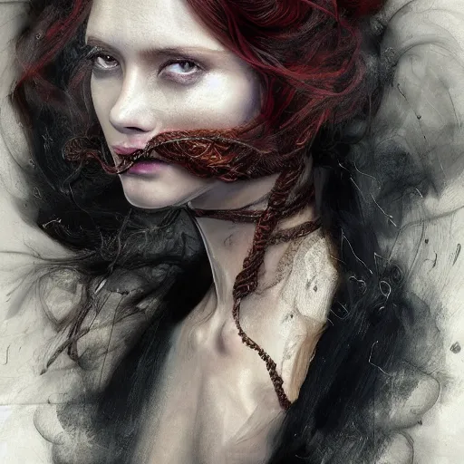 Image similar to portrait of a Shibari rope wrapped face and neck, headshot, insanely nice professional hair style, dramatic hair color, digital painting, of a old 18th century, traveler, amber jewels, baroque, ornate clothing, scifi, realistic, hyperdetailed, chiaroscuro, concept art, art by Franz Hals and Jon Foster and Ayami Kojima and Amano and Karol Bak,